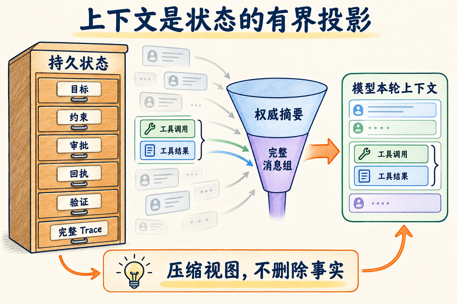 图 12-5：持久状态经过权威摘要和完整消息组选择，投影成模型本轮上下文；压缩视图不会删除运行事实。