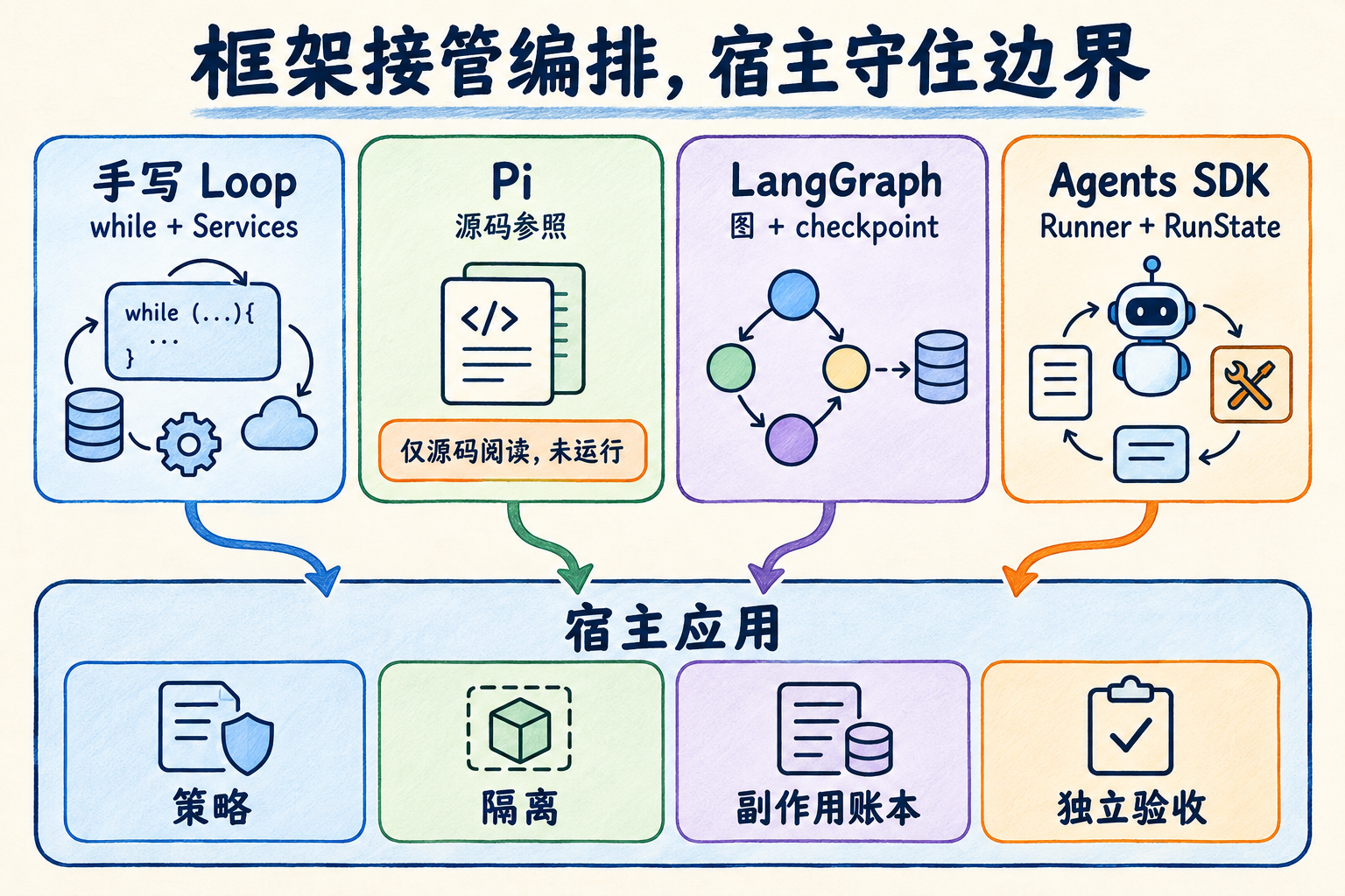 图 12-7：手写 Loop、Pi 源码参照、LangGraph 与 Agents SDK 可以接管不同编排责任；宿主仍负责策略、隔离、副作用账本和独立验收。