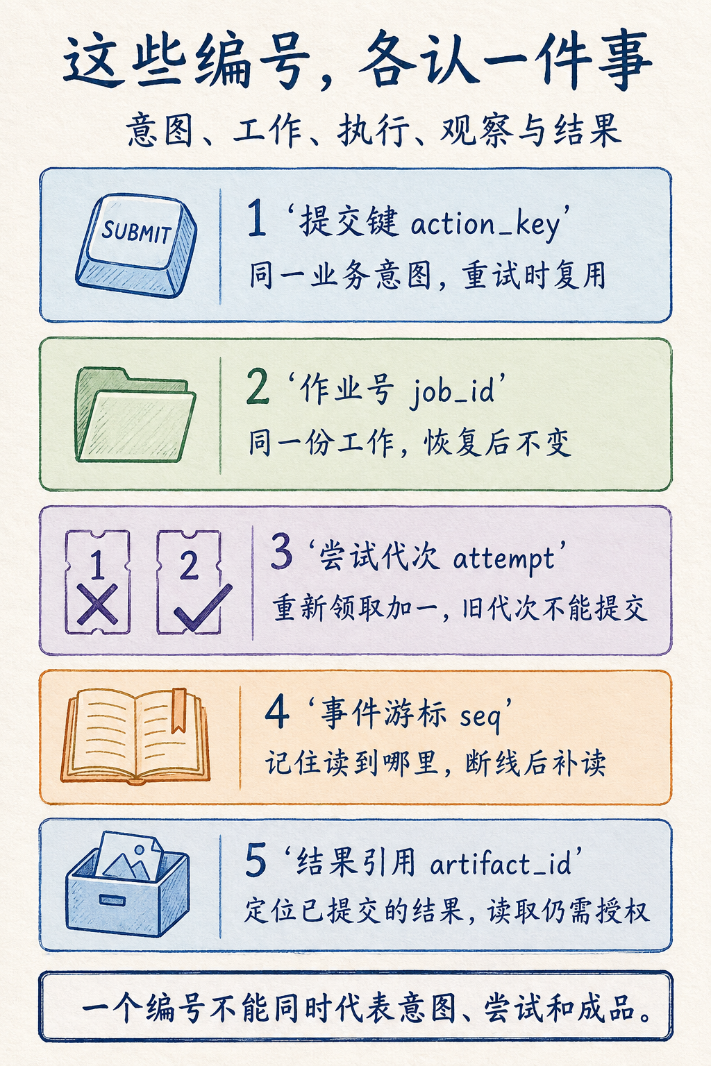 图 10-6：提交键识别意图，作业号识别工作，尝试代次阻止旧提交；事件游标与结果引用各司其职。