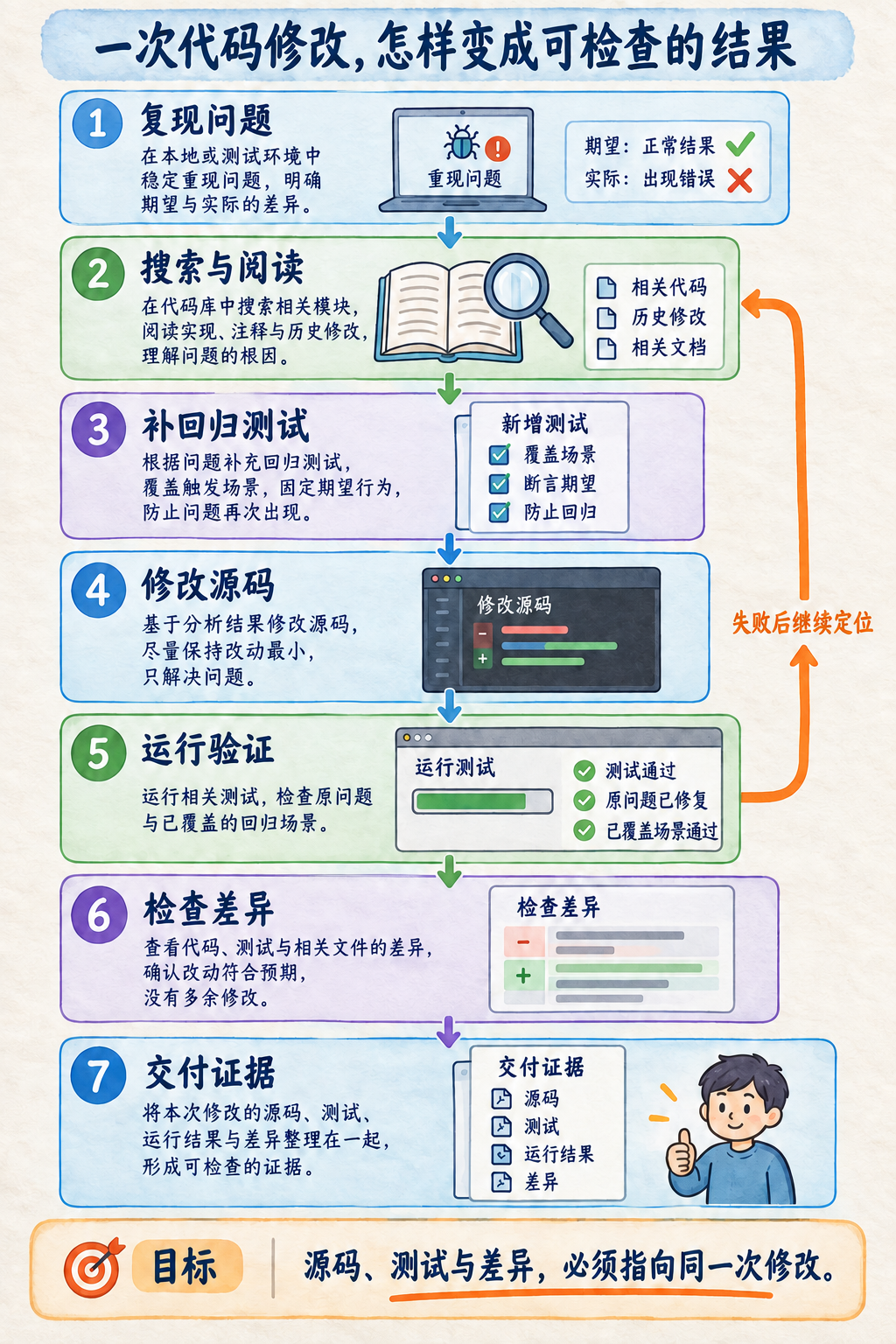 图 11-1：从复现到交付的工作流程。按编号向下读；验证出现问题时回到搜索和定位。“通过”始终受本次检查范围限制。