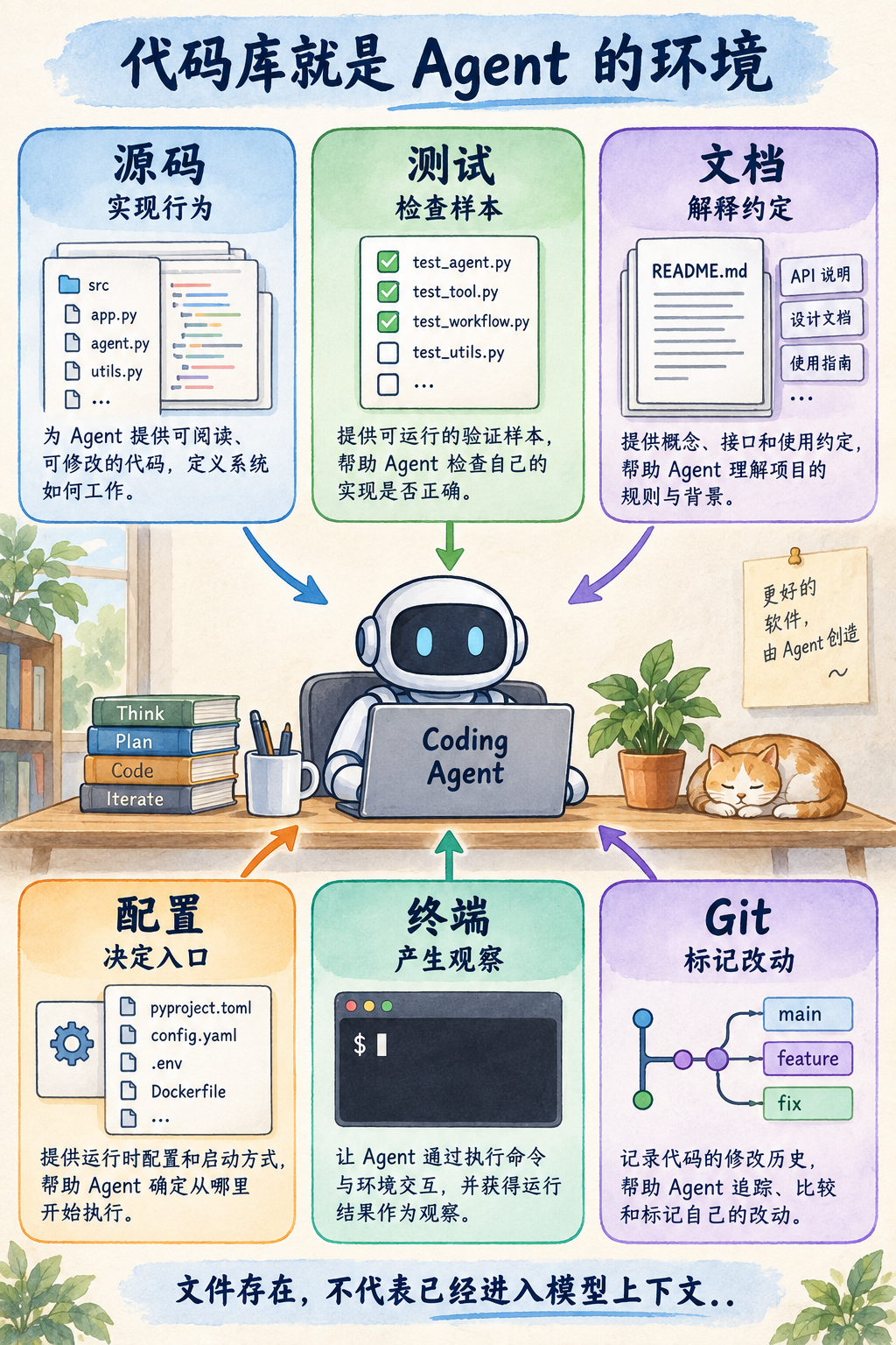 图 11-2：代码仓库中的六类信息。围绕中间的 Coding Agent 阅读，分别问每一类材料提供什么证据；文件存在与模型已经读取是两件事。