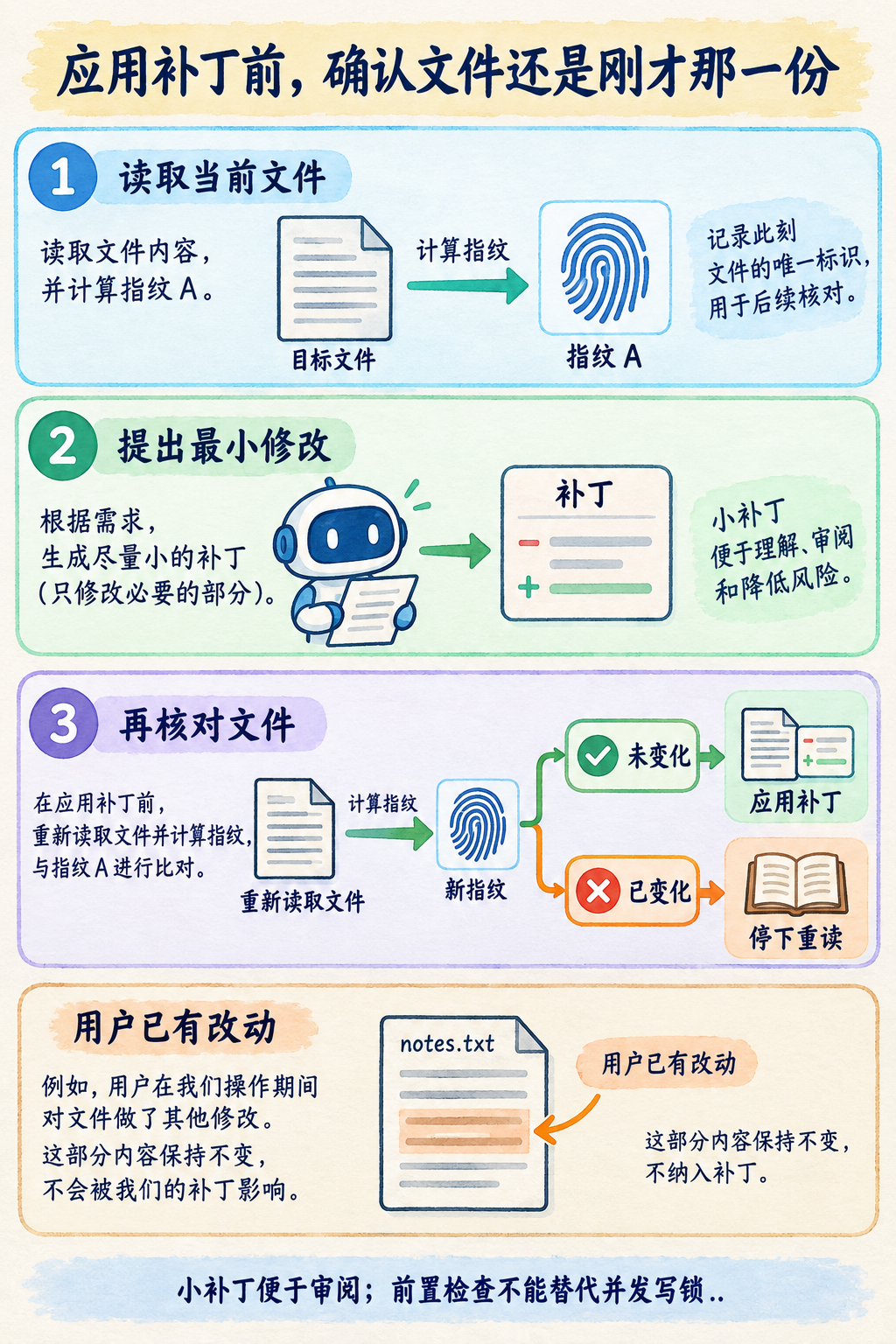 图 11-4：补丁依赖读取时的文件状态。当前状态变化后，应重新阅读与判断；图中的前置检查适用于本章单写入者实验，不提供跨进程写锁。