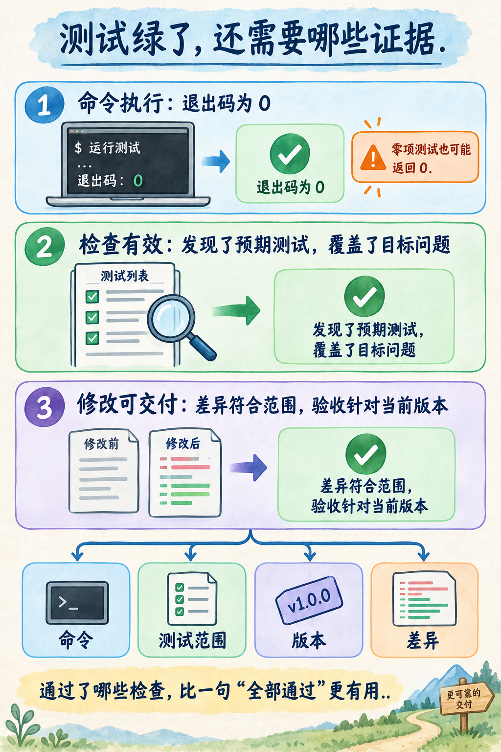 图 11-5：从命令执行到修改可交付，需要逐层增加证据。第一层的退出码为零，并不能直接推出第三层的业务结论。