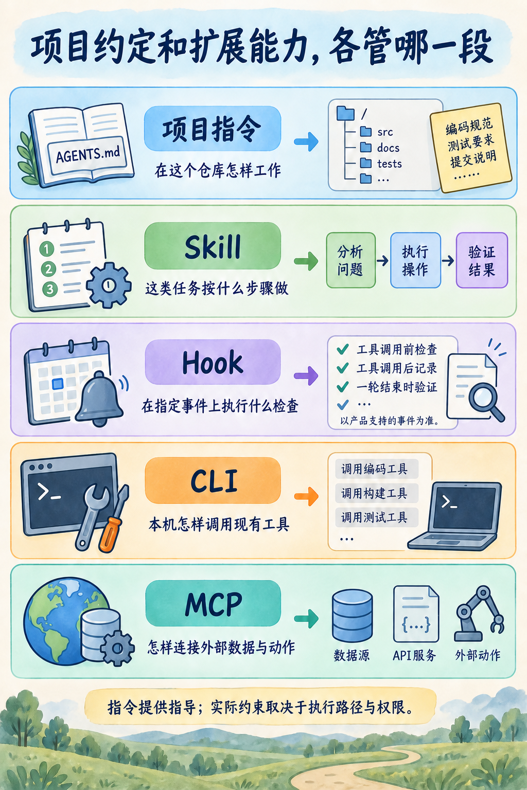图 11-6：项目指令、Skill、Hook、CLI 和 MCP 的职责。按每行右侧的问题选择机制；这些能力可以组合使用，没有必须逐级升级的顺序。