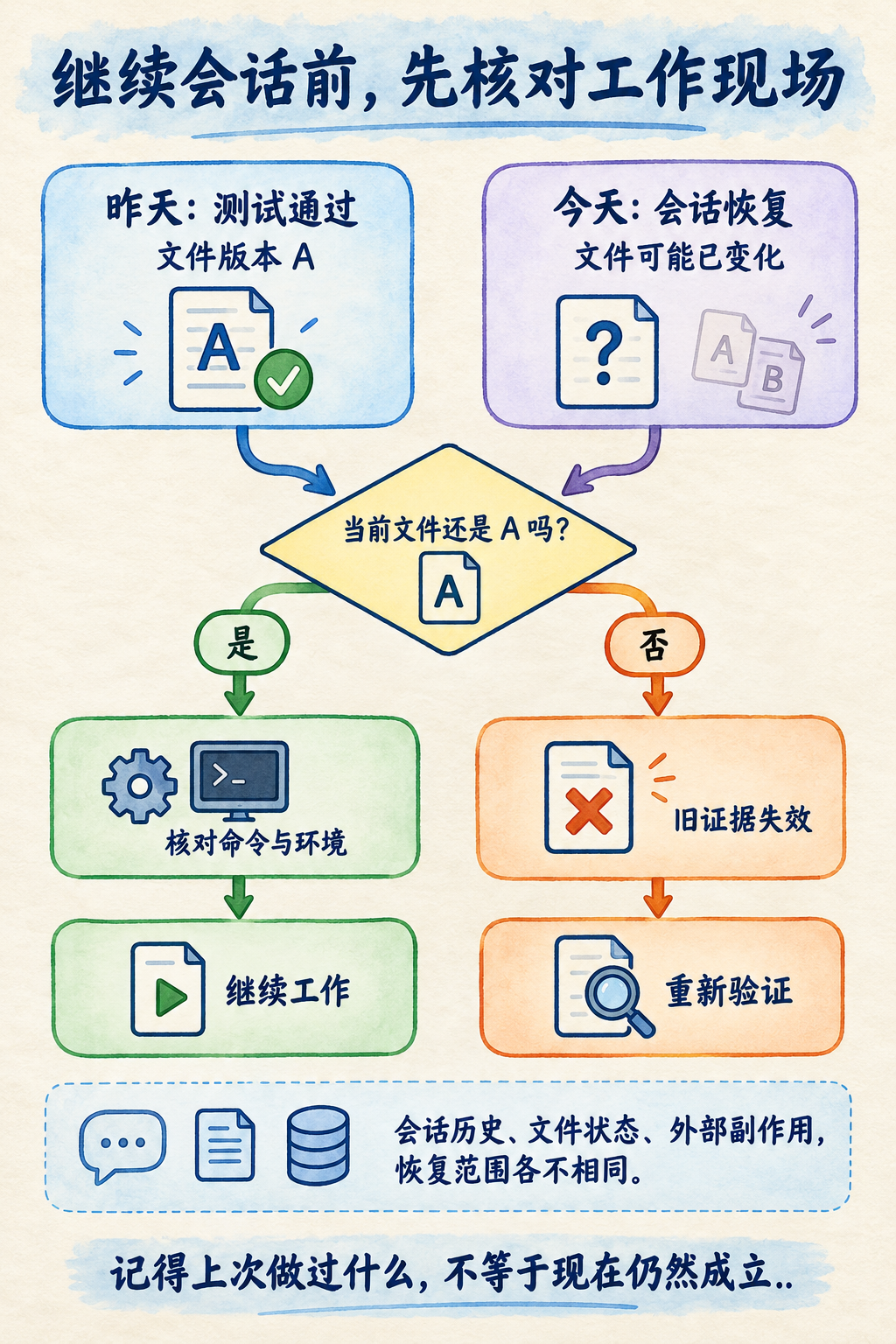 图 11-7：恢复后核对当前状态，再决定是否能复用证据。文件未变化时仍需核对命令和环境；文件变化时先重新验证。