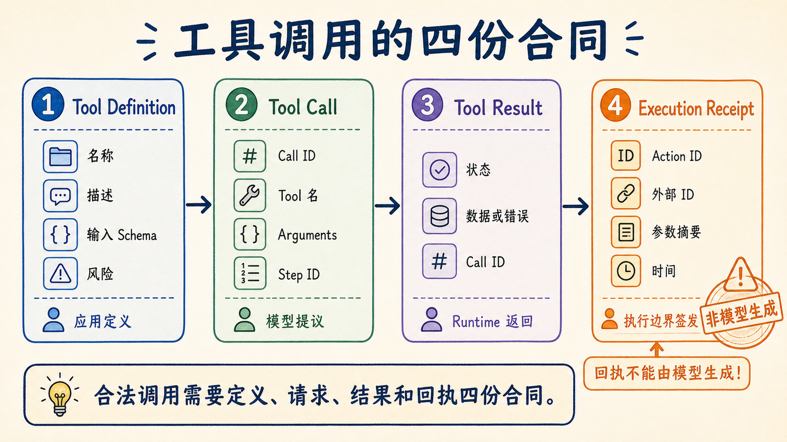 工具定义、调用、结果与回执四份合同