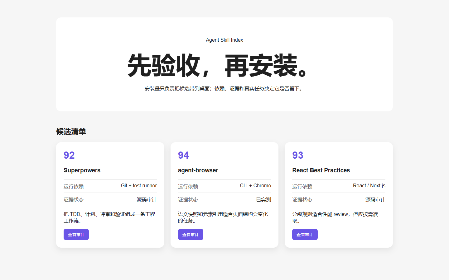 未使用三个前端 Skill 的基线页面：居中白色 hero、紫色评分和三张通用卡片